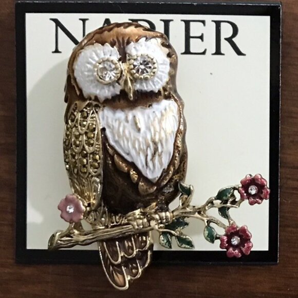 NAPIER Autumn Fall Owl On Branch Gold Enamel Clear/Gold Crystal Brooch Pin - Picture 2 of 2